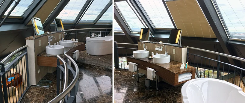 In einer Turm Suite befindet sich das Badezimmer auf der offenen Gelerie.