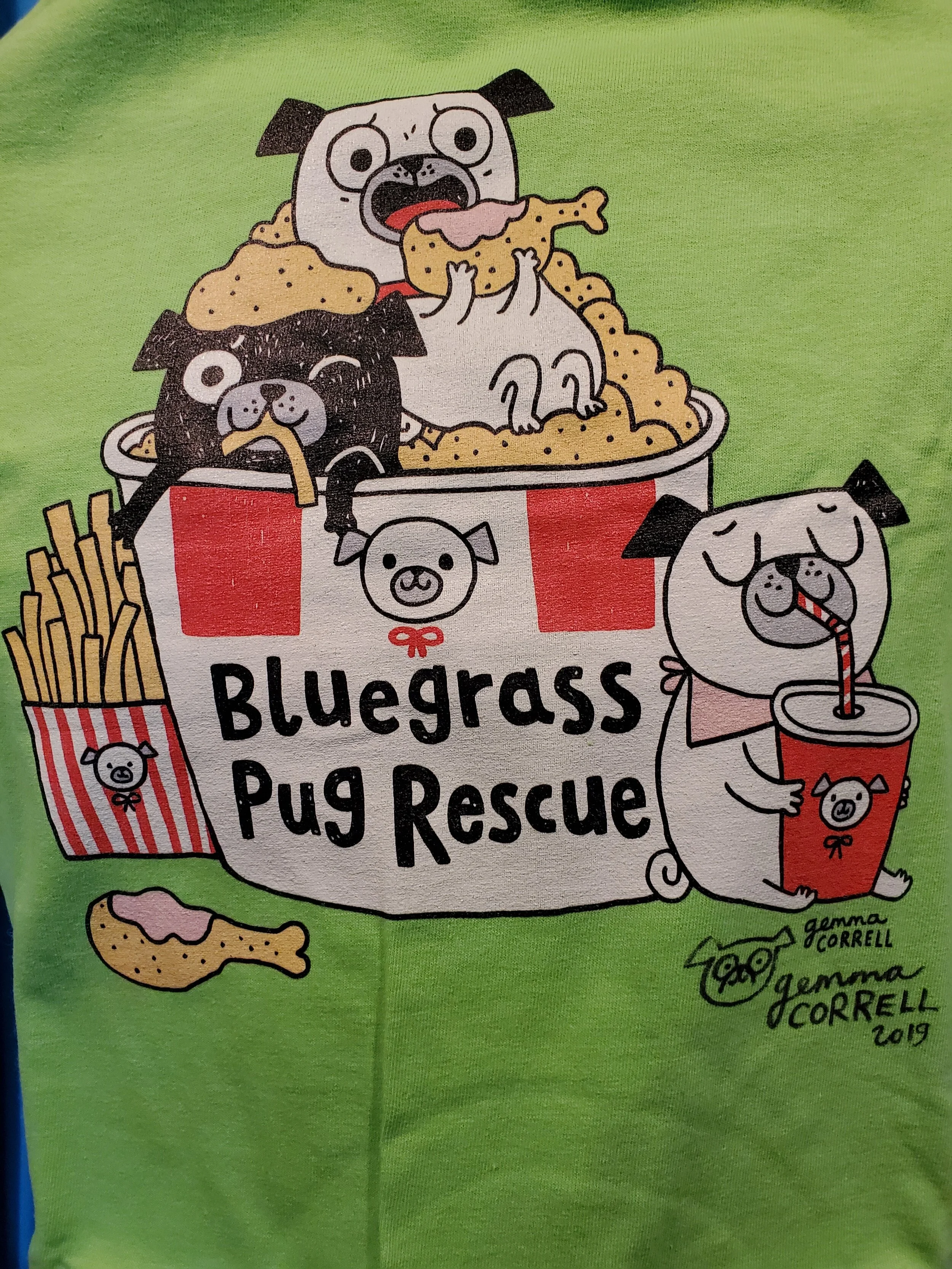 #53 Bluegrass Pug Rescue Small T-Shirt in Lime Green SIGNED by Artist, Gemma Correll