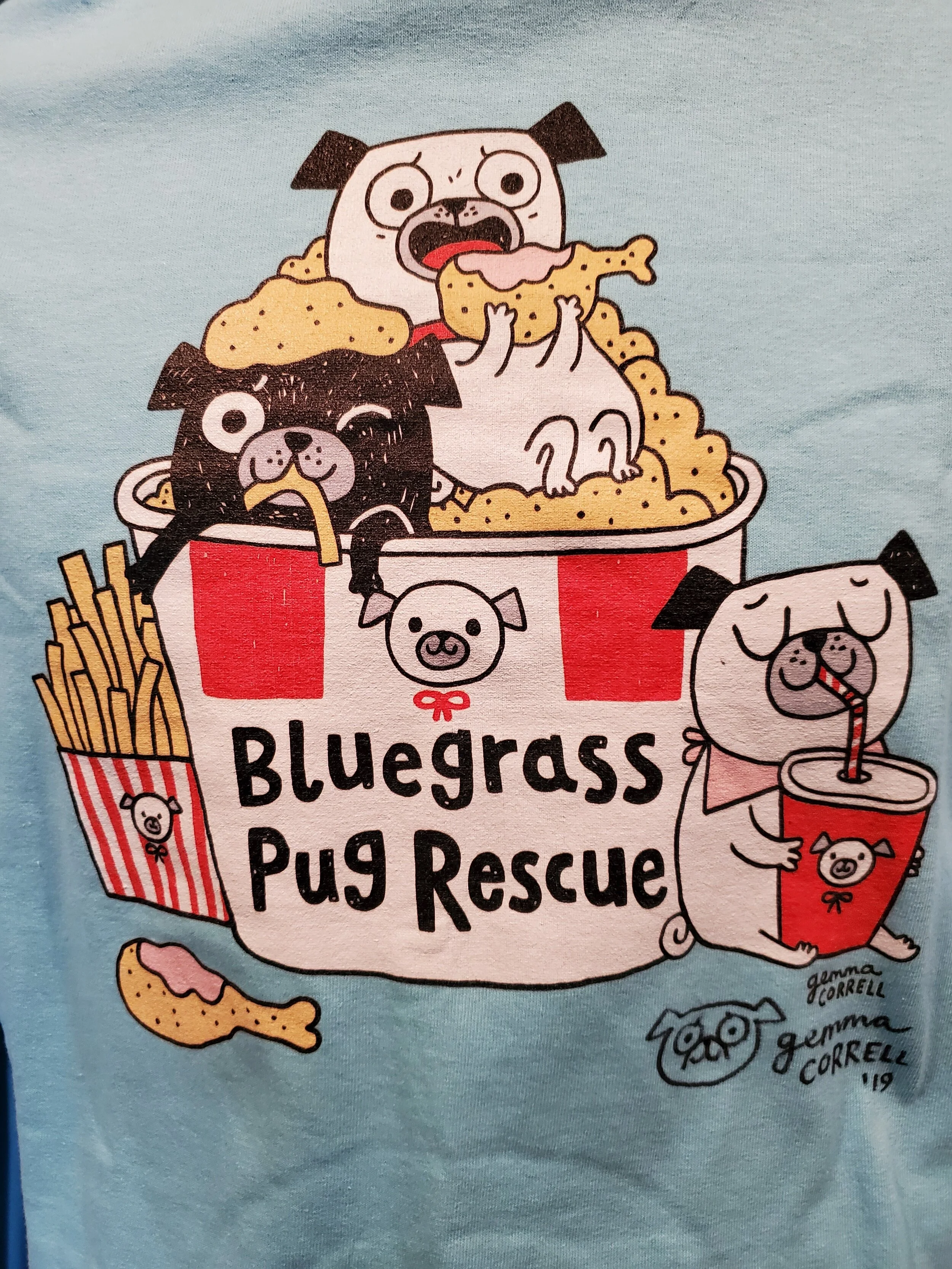 #54 Bluegrass Pug Rescue Medium T-Shirt in Teal Blue SIGNED by Artist, Gemma Correll