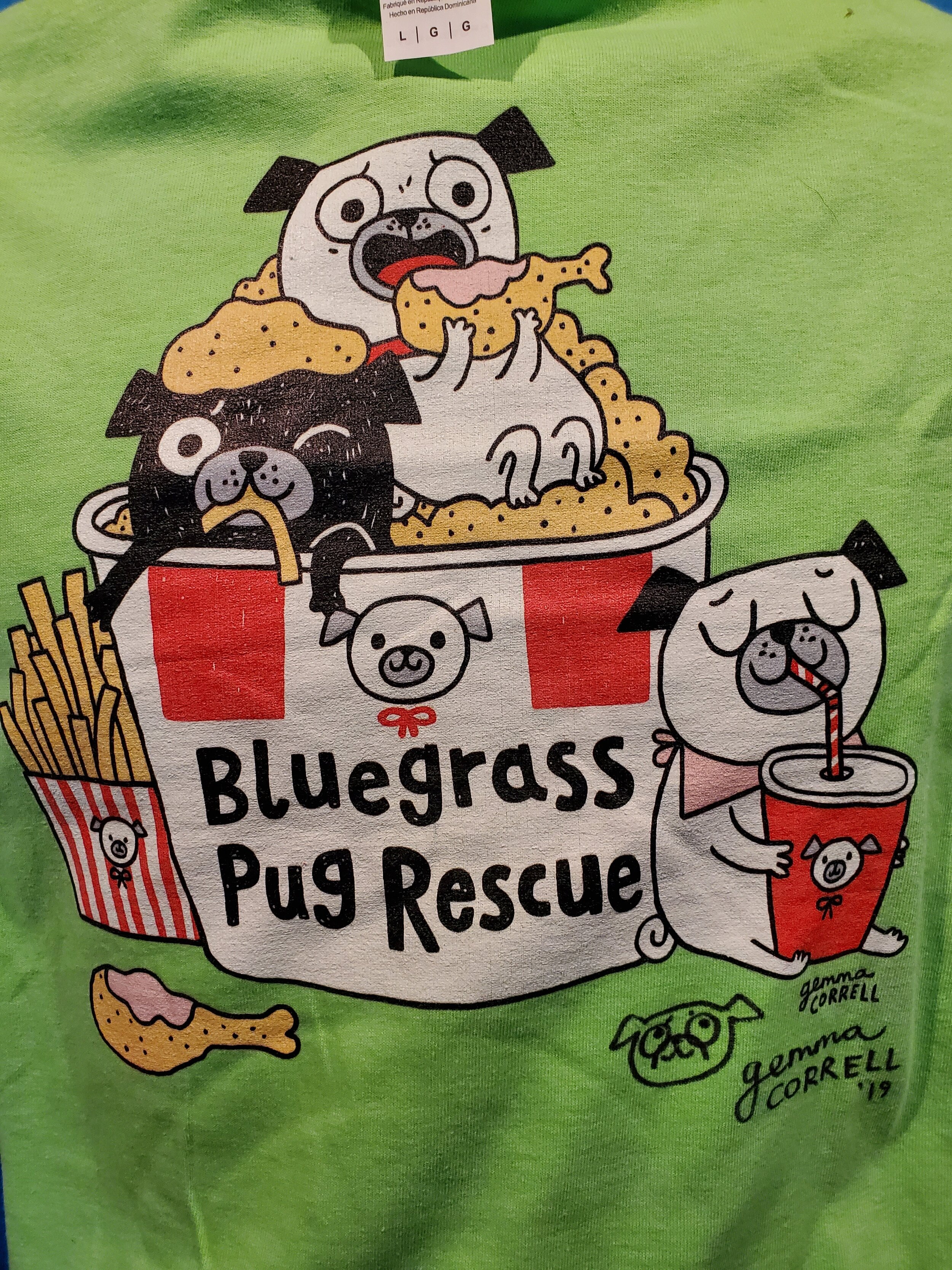#55 Bluegrass Pug Rescue Large T-Shirt in Lime Green SIGNED by Artist, Gemma Correll