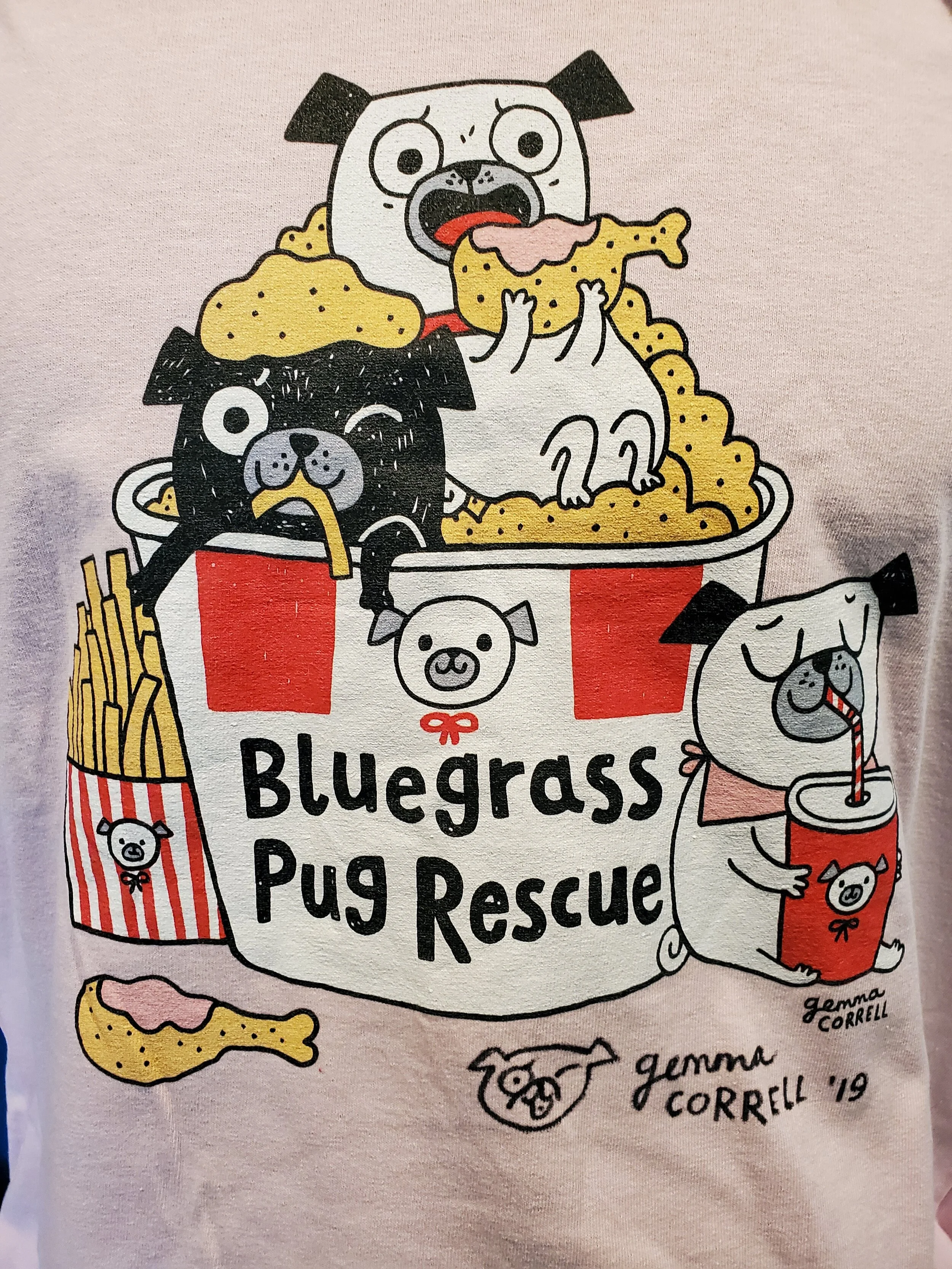 #56 Bluegrass Pug Rescue X-Large T-Shirt in Pale Pink SIGNED by Artist, Gemma Correll