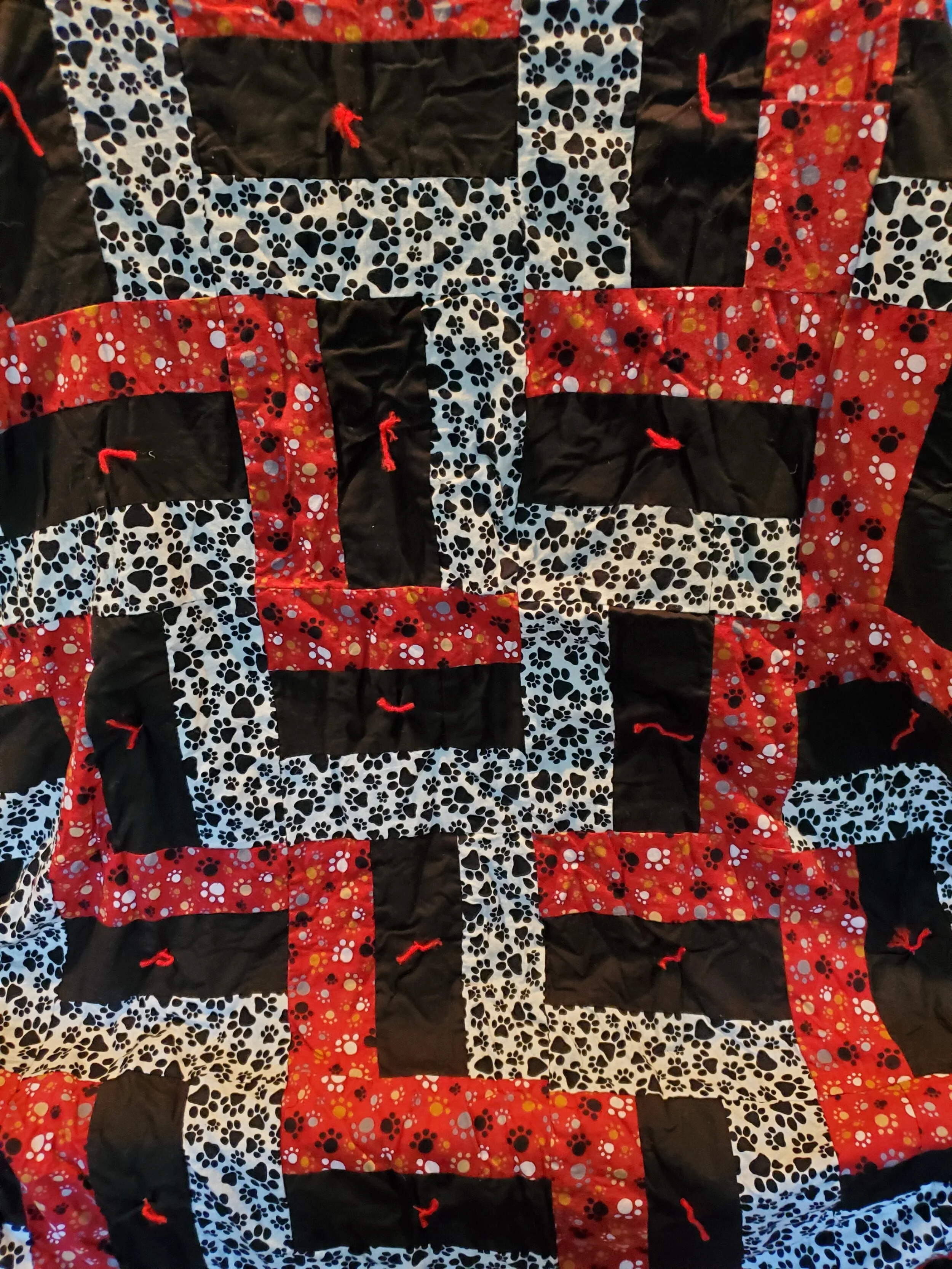 #57 - Hand-Made Dog-Themed Blanket - Front, Various, Back, Solid Brown.  Approximately 70" x 70"