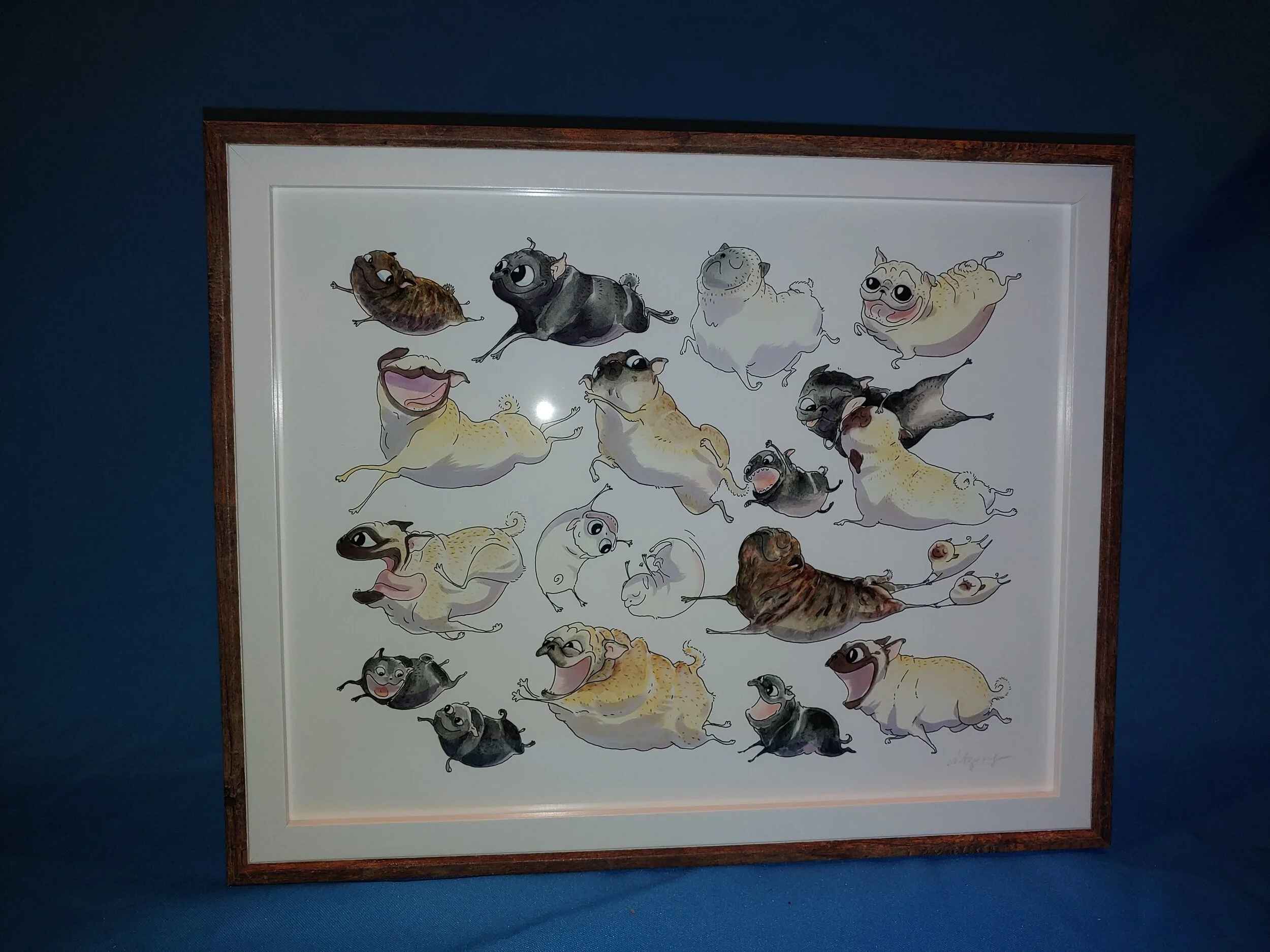 #62 - Ink Pug Print #1 – “Pugs on the Move” – Framed – 11x14