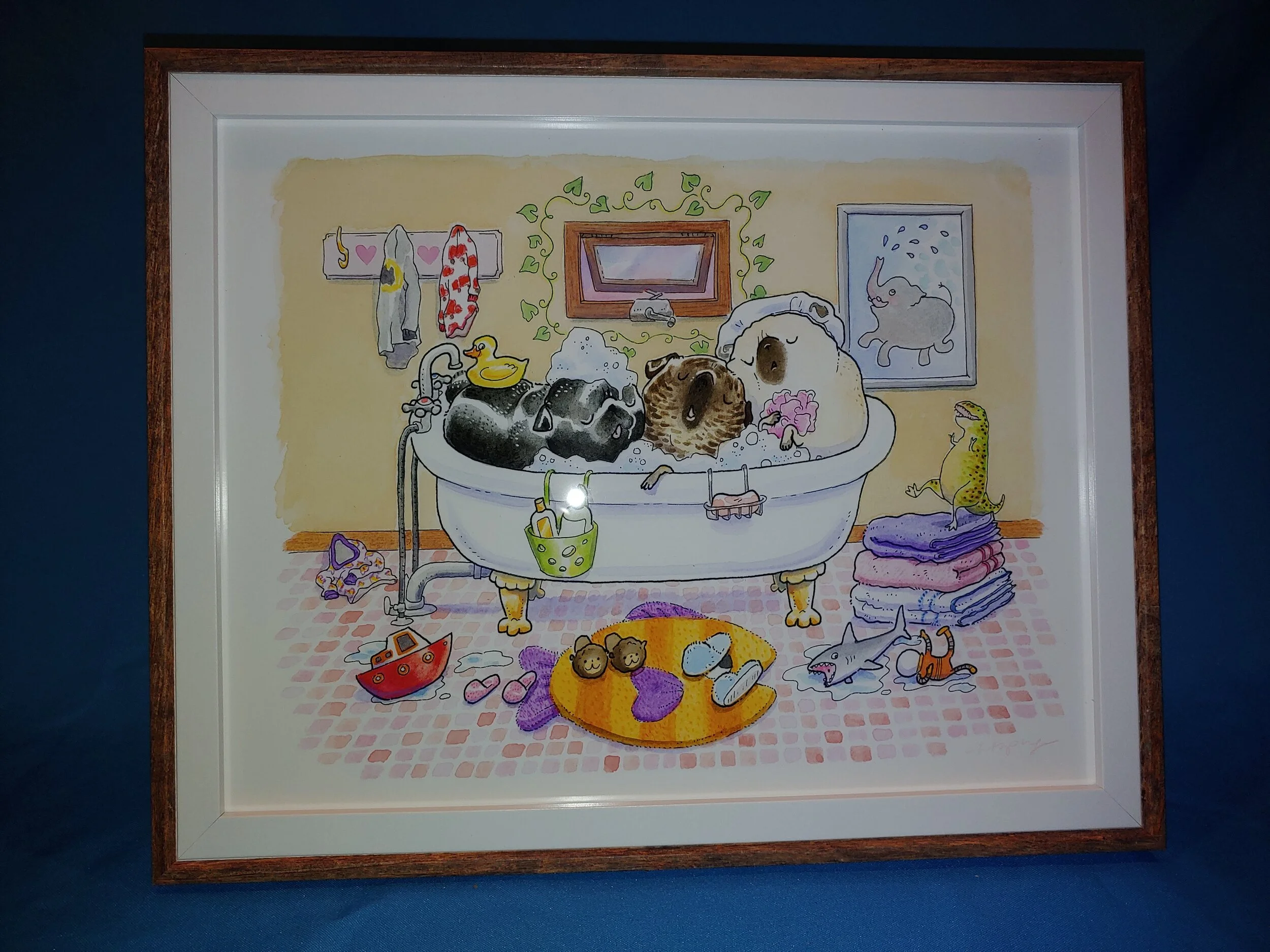 #63 - Ink Pug Print #2 – “Three Pugs in a Tub” – Framed – 11x14