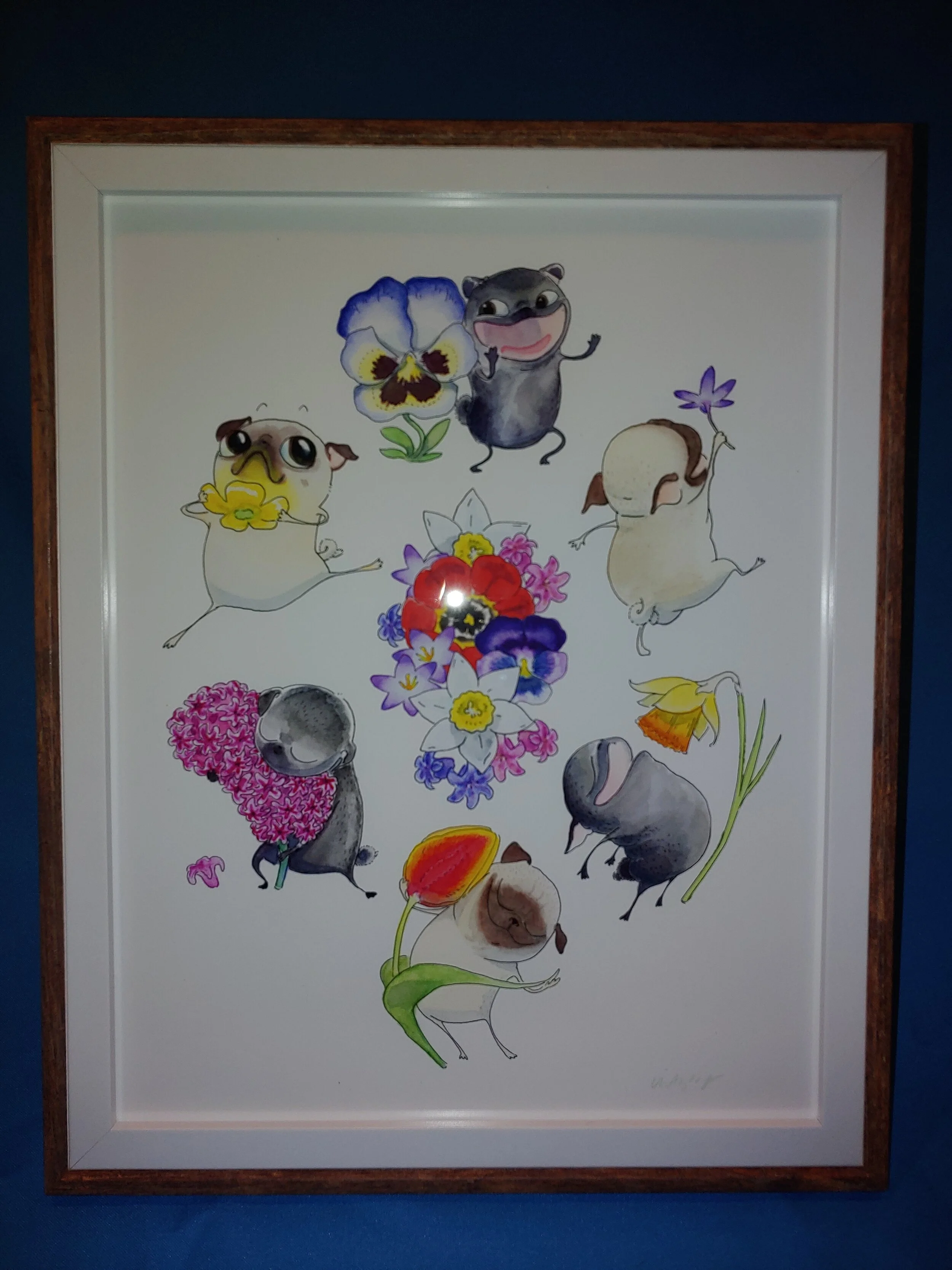 #64 - Ink Pug Print #3 – “Pugs Primavera” – Framed – 11 x 14