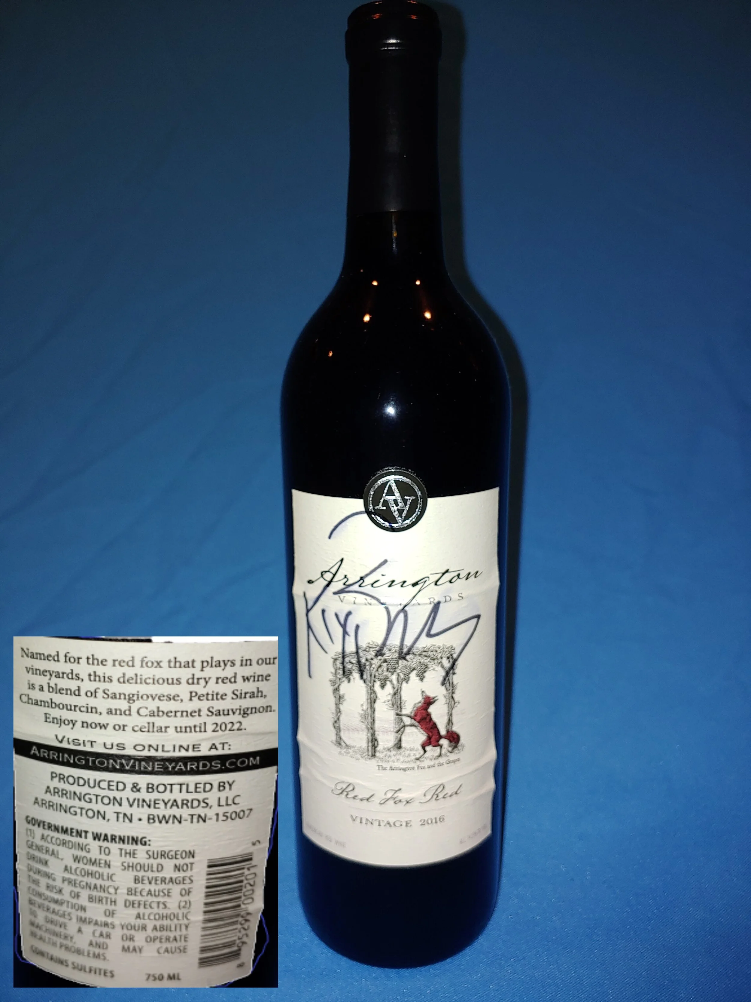 #72 - Arrington Vineyards 2016 Red Fox Red - Signed by Owner, Kix Brooks (of Brooks and Dunn)