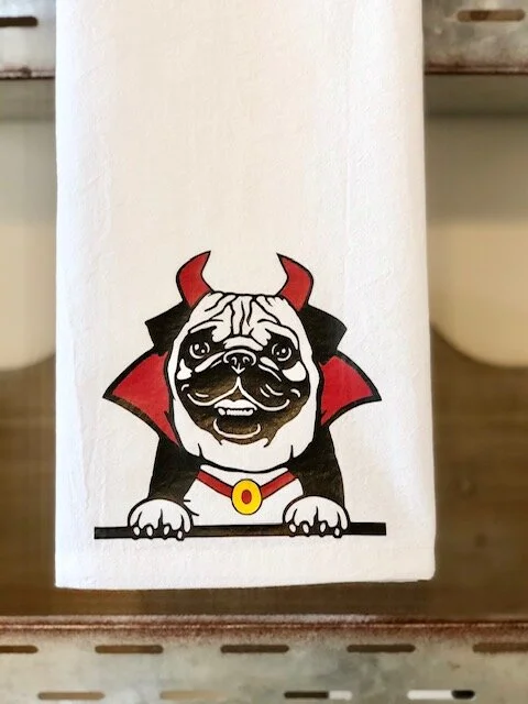 #97 Happy Howl-oween-Pug Tea Towel