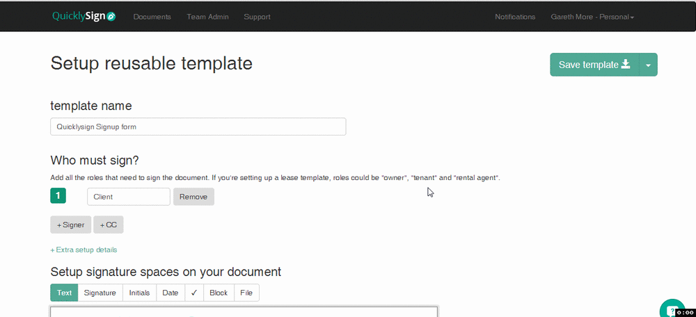 QuicklySign Creating a template link.
