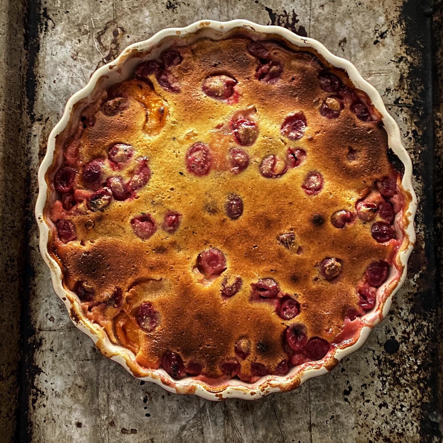 Sour cherry-apricot clafoutis. It&rsquo;s summer! Well, close enough. Mostly it&rsquo;s the best and briefest Montreal season: not-winter. #clafoutisauxgriottes #clafoutisauxabricots