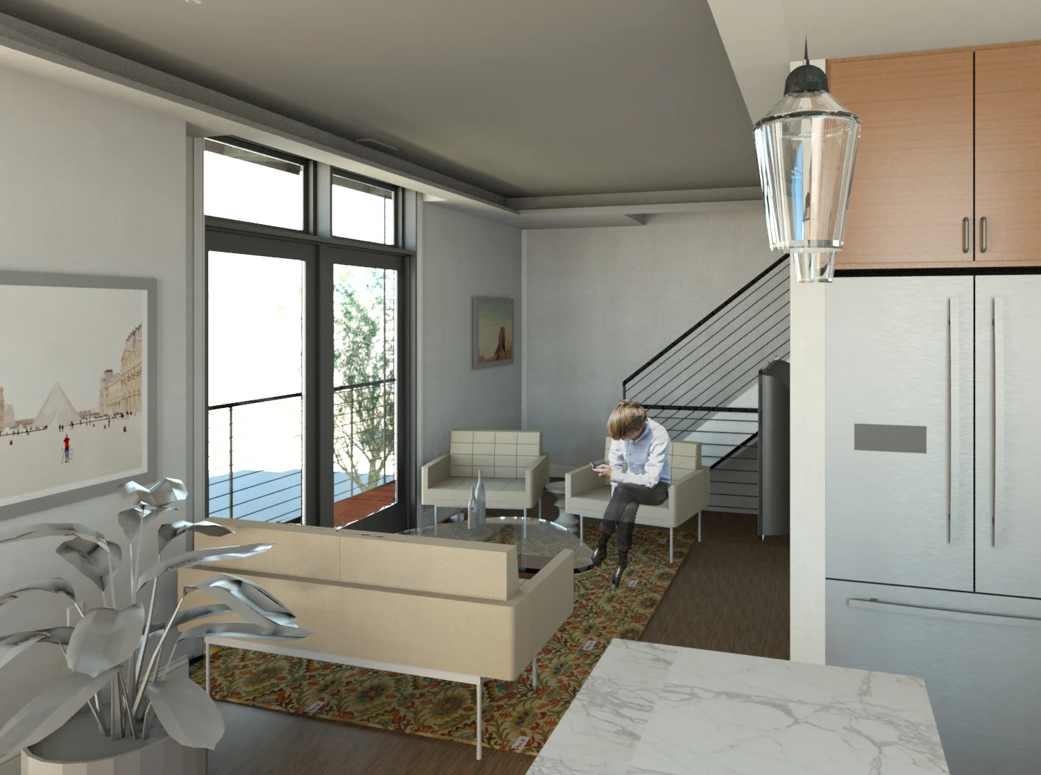 View from Kitchen to Living and Stair in Upper Unit