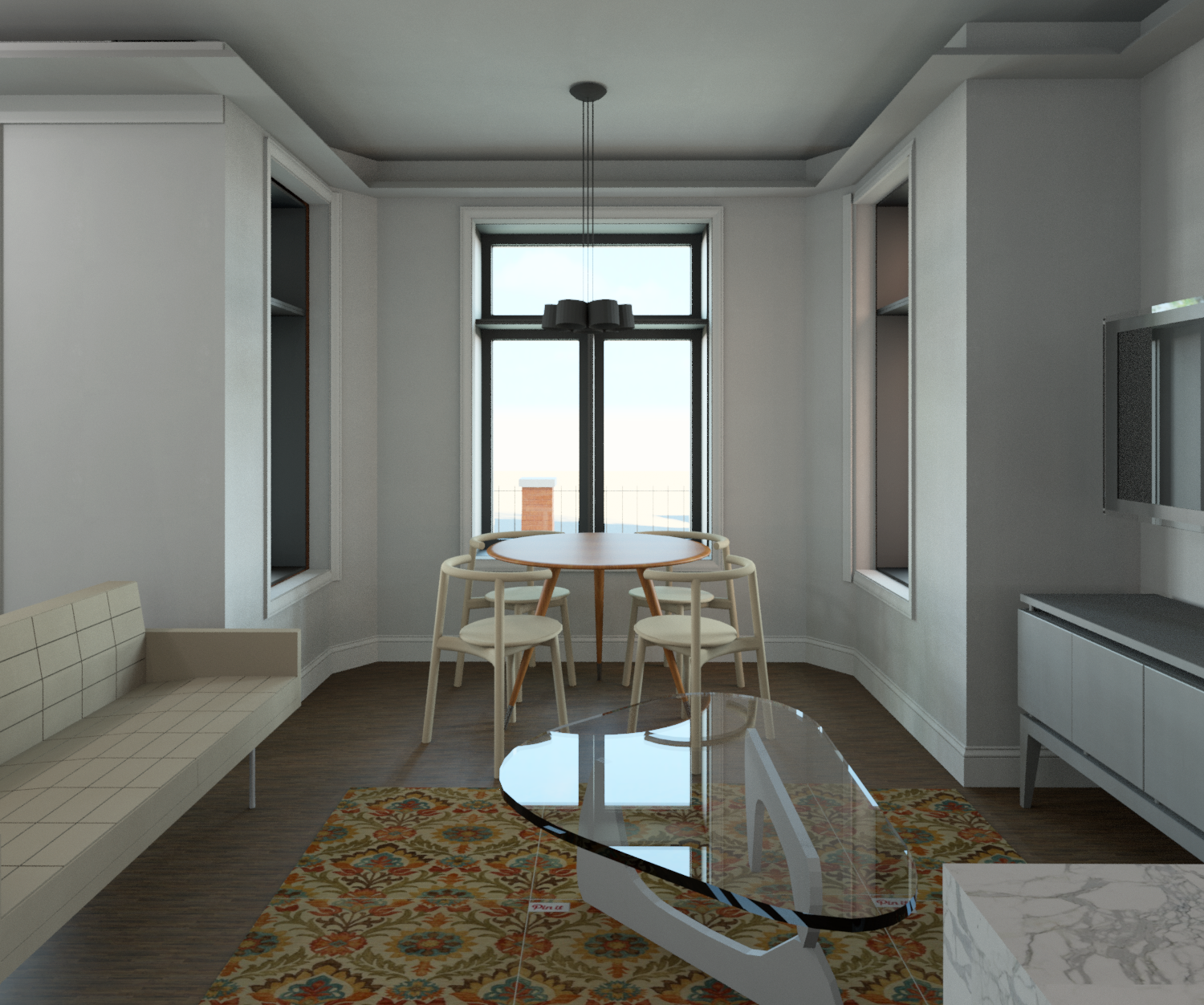 View from Kitchen to Living and Dining area in Lower Unit