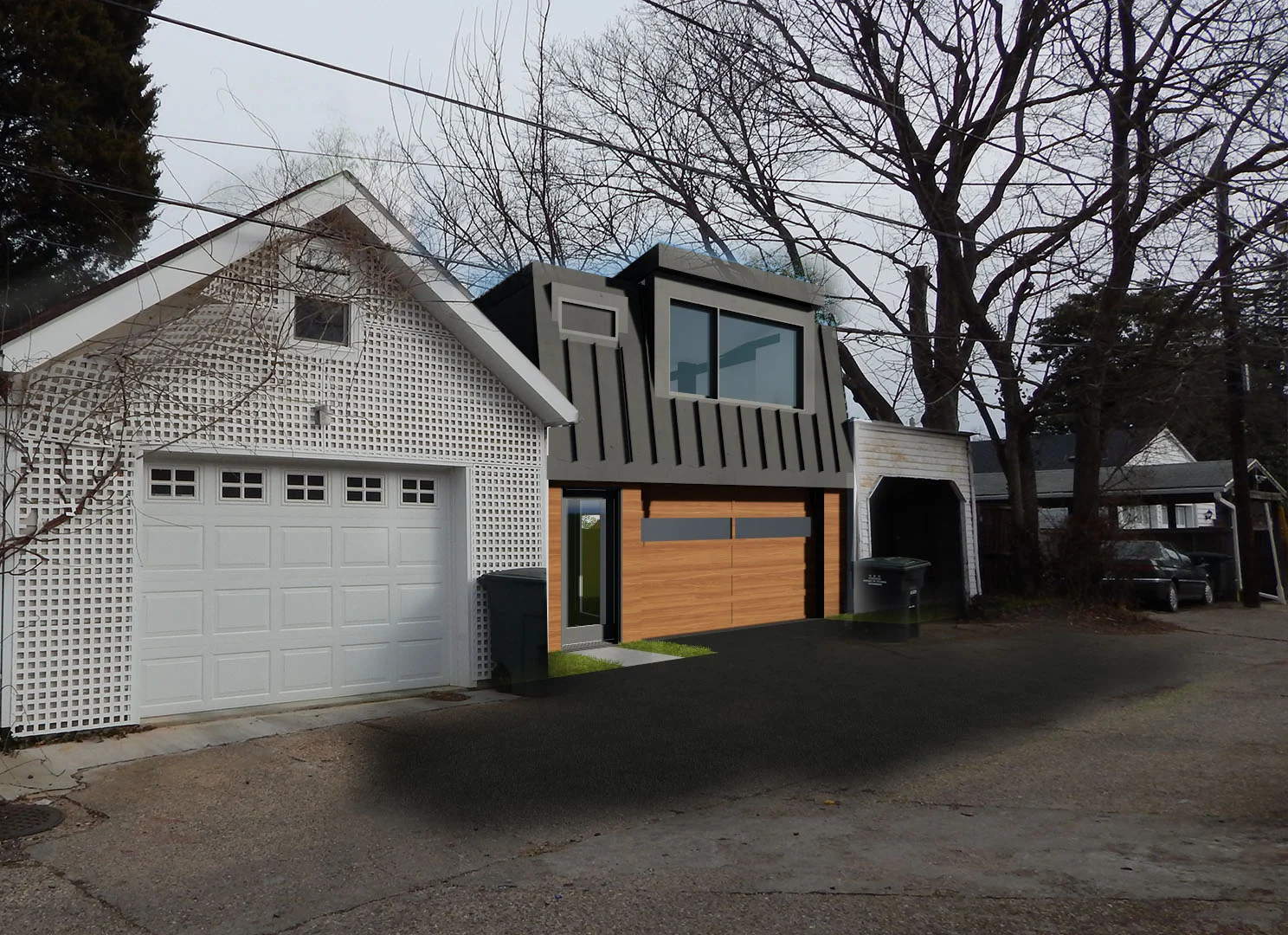 View of the proposed Accessory Building (center structure) from the Alley.