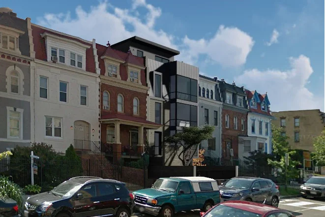 On one of the few blocks in Columbia Heights where Mansard roofs have survived, we propose enlarging the building while maintaining the its general massing. FAR are maximized in this three unit building through the use of a bay window and a discrete 4th story addition. A Mansard roof and dormer morph to become a cantilevered bay window, creating a ying/yang relationship between the various building elements.