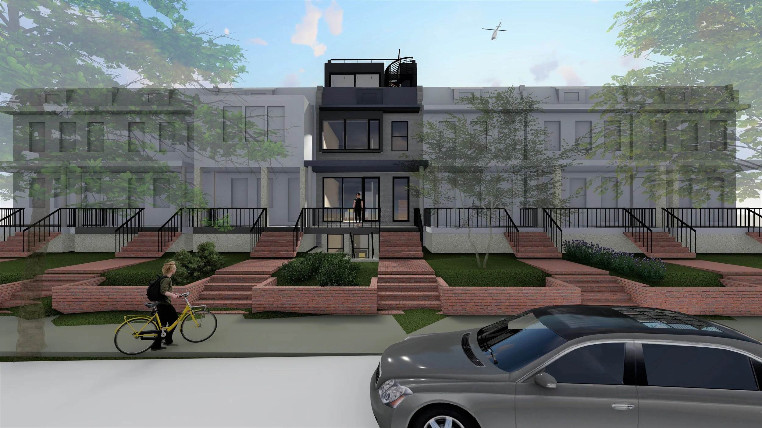 Finally, in this most typical of DC row house blocks, a new five unit condominium co-exists with traditional row houses while accommodating an additional story and roof deck. Alterations to the facade, such as larger openings and a bay window help to integrate old and new. A spiral stair to the new roof deck is celebrated, becoming a crowning element in the new facade composition.