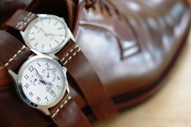 A pair of two-piece Cognac straps made to match a pair of Cognac shell shoes.