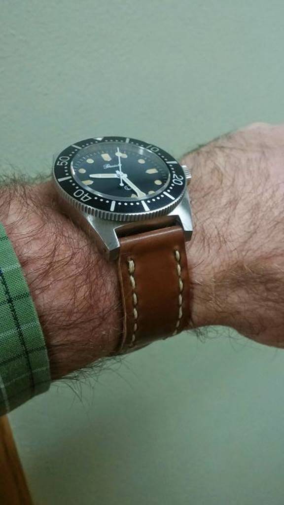 Arts & Crafts strap in Whiskey with natural stitch on a Precista PRS-82 Royal Navy diver.
