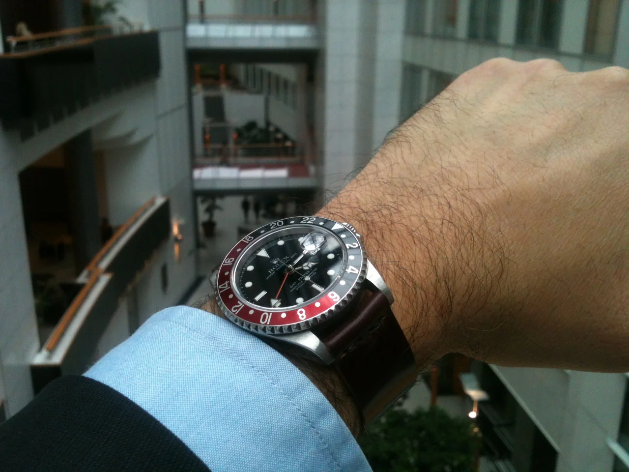 GMT Master II on a two-piece in No. 8 with partial seam. This Rolex works in the European Parliament building.
