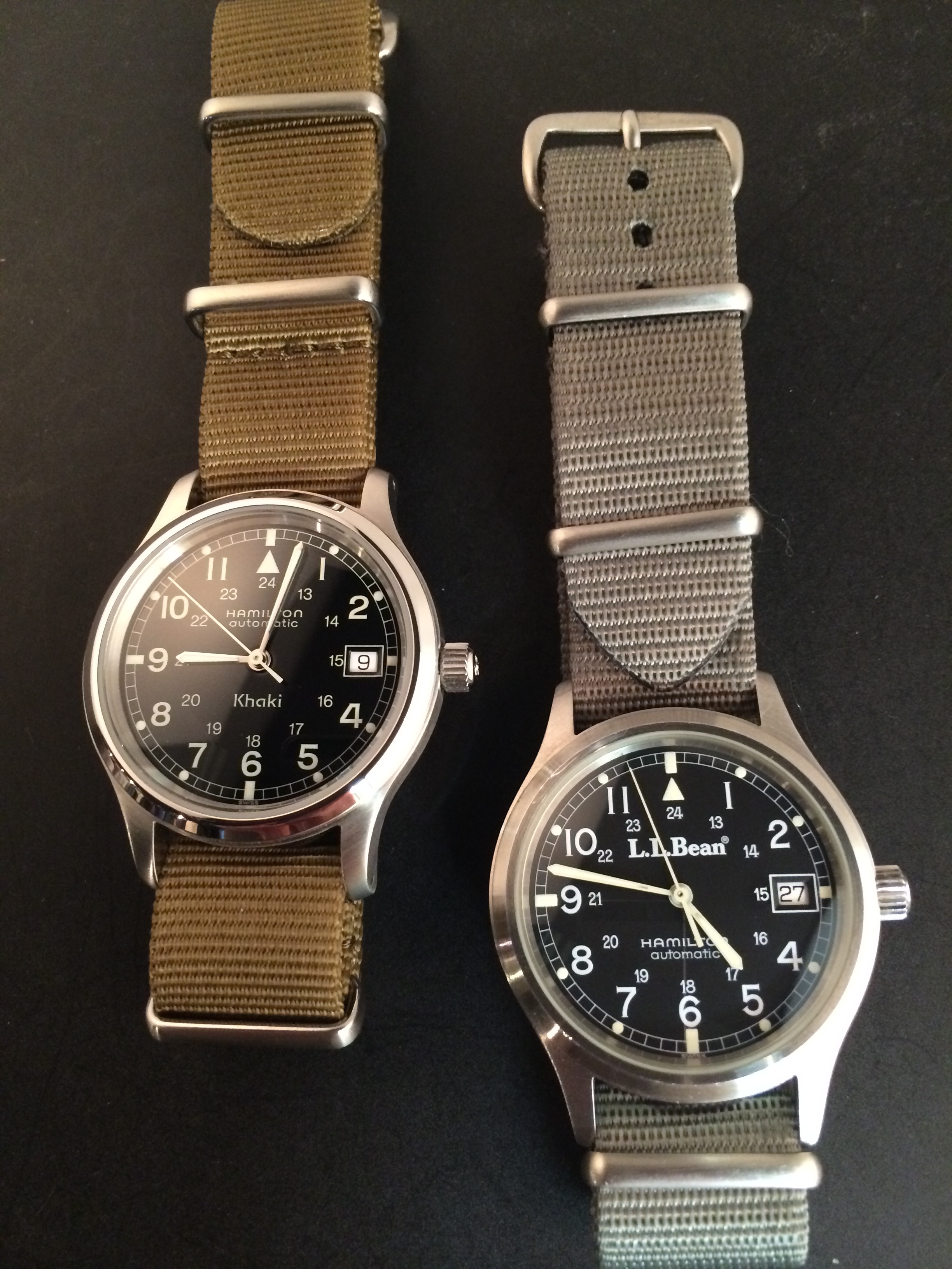 Hamilton 9721's. Note the long graceful lugs of the case, just like the original. No fixed bars here, however, although the lugs are drilled so a shoulderless bar can be used. 
