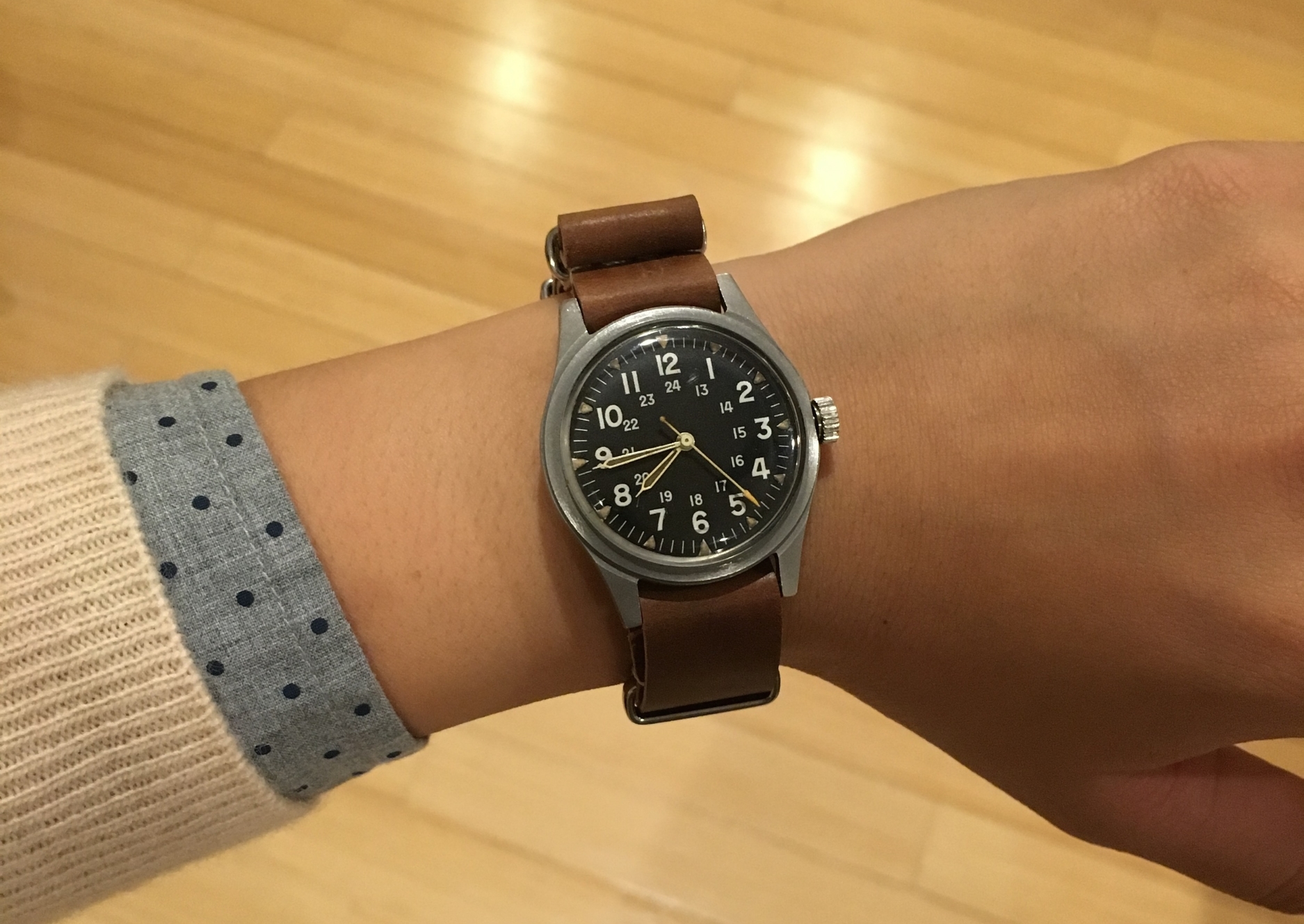 Benrus MIL-W-3818B on a Cognac MIL strap. A classic military watch finds a new life as an awesome time-telling accessory.