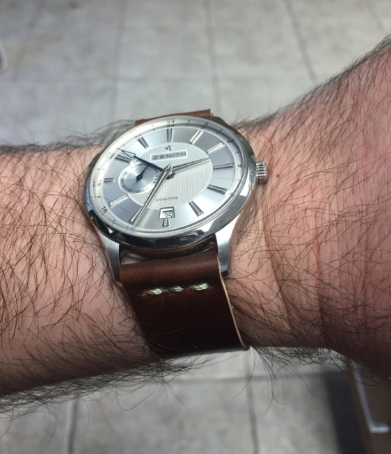 Zenith Dual Time on Cognac two-piece partial seam.
