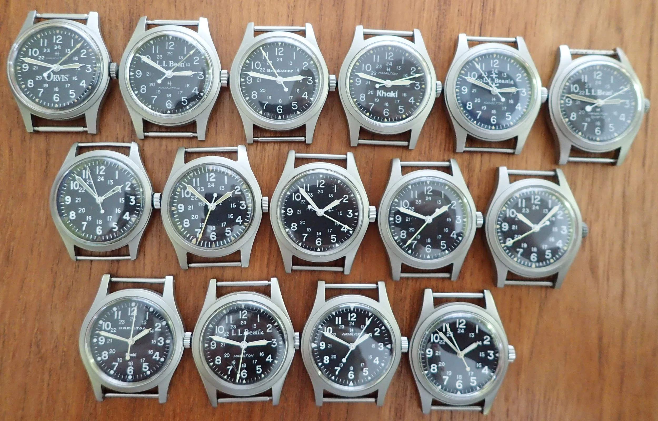 Top row: case reference 9219. Middle row: military-issued. Bottom row: case reference 9415. All of these watches are unique; there are no redundant examples.