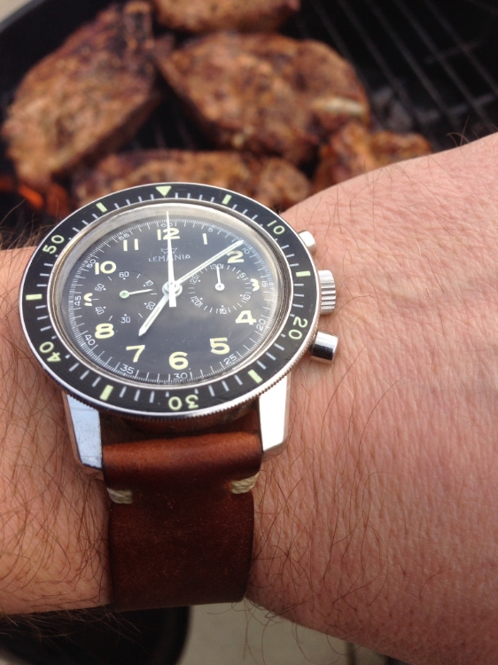 Lemania 817 on a two-piece T-stitched. Can you think of a better way to time your bbq? I can't.