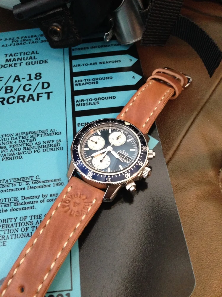 A fantastically beautiful Sinn 103 LE with blue dial and bezel on a Natural Arts & Crafts. USMC pilots have great taste!