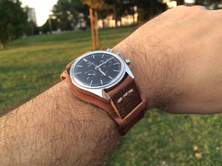 Absolutely exquisite Omega Deville chronograph on Natural two-piece with Bund pad. Wow.