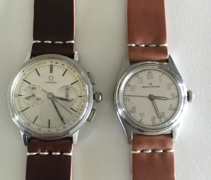 Two amazing family heirlooms, an Omega caliber 320 from 1963 and a Rolex from 1944, which saw use in the USAF at that time, both given new use with two-piece shell straps. Incredible family treasures!