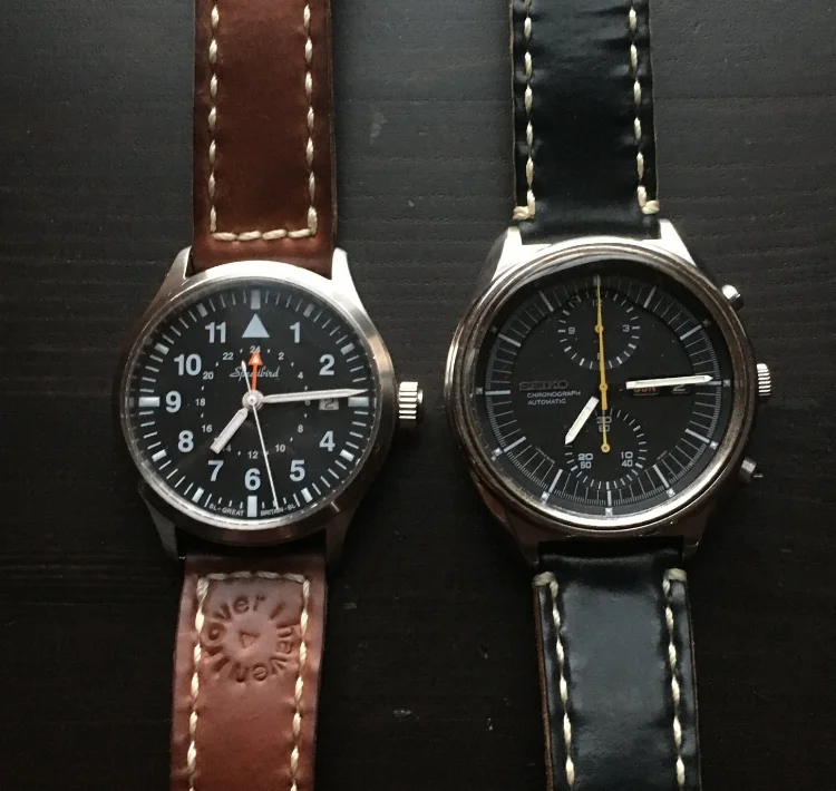 Speedbird III GMT and a sweet Seiko 6138 Jumbo on well-loved Arts & Crafts straps!