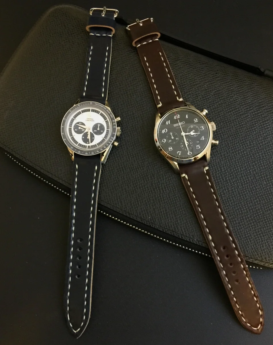 A fantastic pair of LE watches, Omega Speedmaster CK2998 and Seiko Presage Chronograph, both on Arts & Crafts straps in Navy and No. 8. What an amazing pair of chronographs!