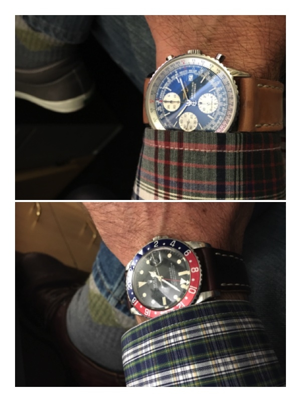 This stunning Breitling Navitimer is worn on an Arts & Crafts strap in Natural shell, and the Rolex GMT is on No. 8.