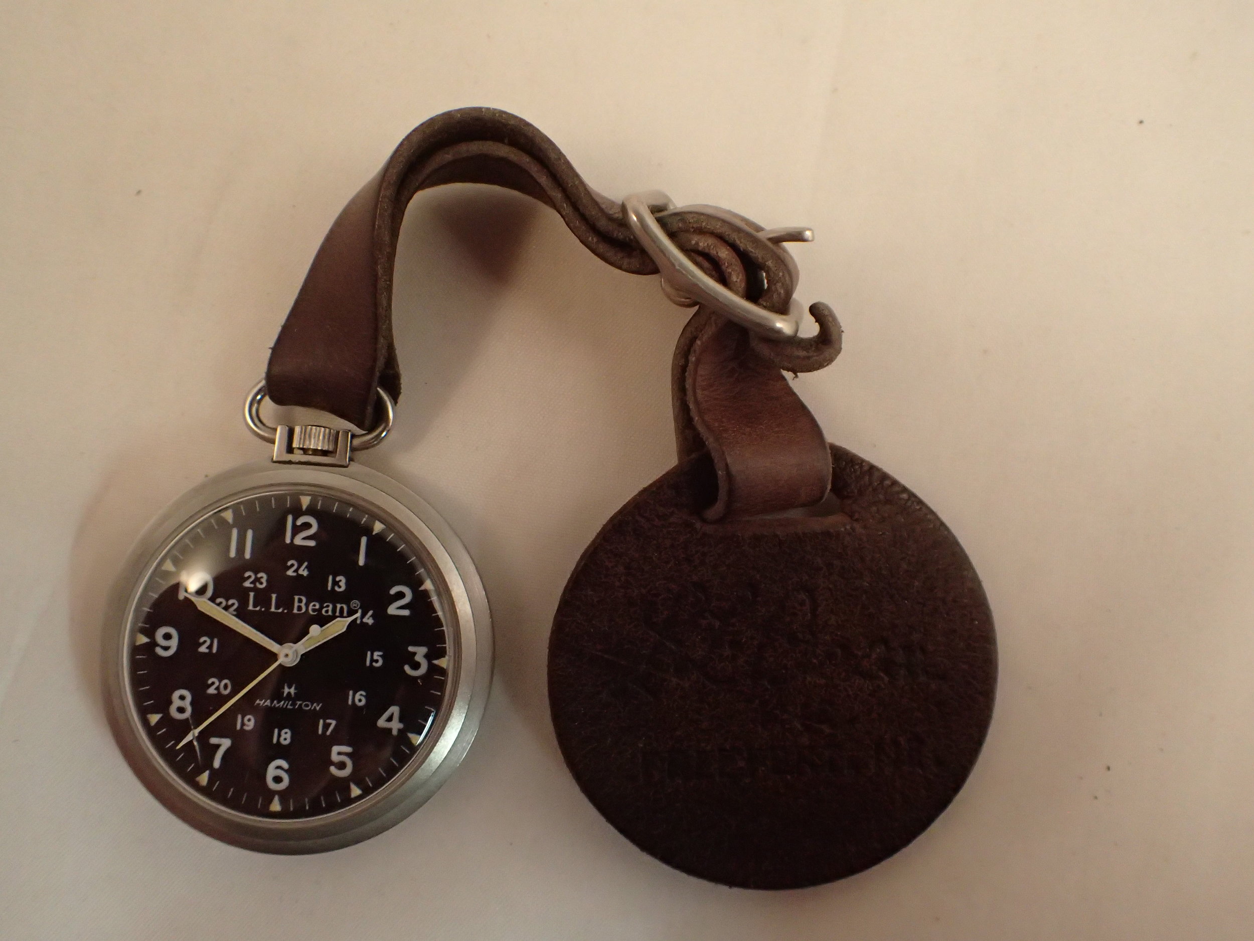 The Hamilton 9165 LL Bean Field Pocket Watch on original LL Bean-branded leather fob.