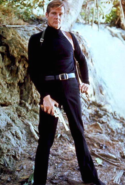 Roger Moore as 007. Notice the hand cannon in place of the Walther PPK. Like they were trying to compensate for something?