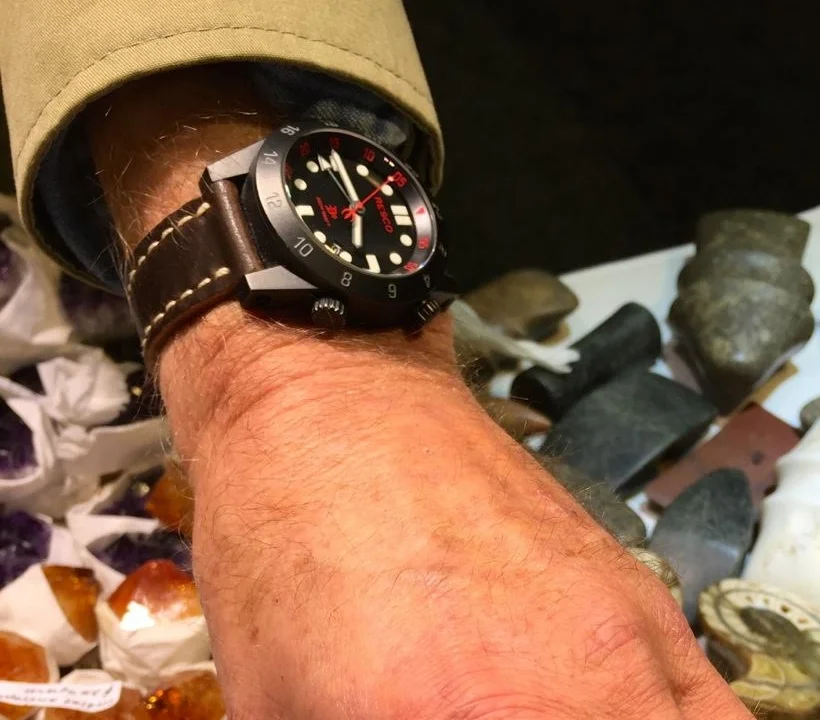 Resco Red Circle GMT on a No 8 Arts & Crafts. Not a watch you see everyday!