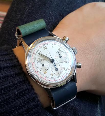 Gorgeous Gallet chronograph on Green MIL strap. This strap made two journeys between the US and Japan before it was delivered to a happy owner!