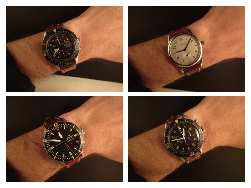 Clockwise from upper left, Sinn 156, Nomos Club Datum (38), Heuer 1550 SG, Damasko DA44.
