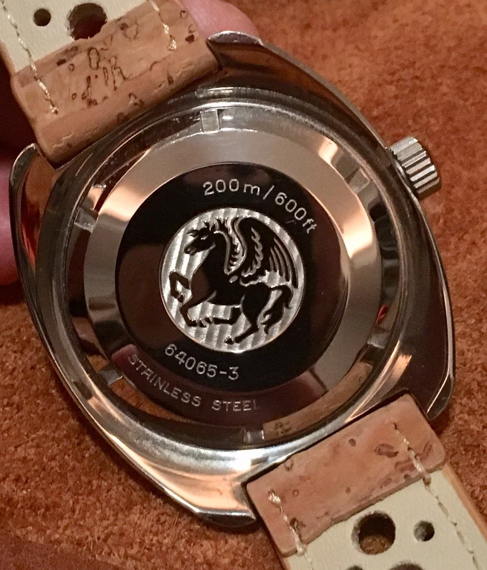 The caseback of the 64065-3 showing that famous symbol of seagoing life, the winged horse. Image courtesy of franco60@WatchUSeek.