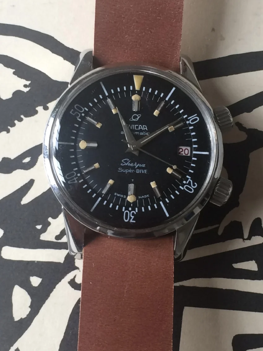 A truly stunning Enicar Sherpa Super-Dive on a one-piece Natural strap. This watch is just too good for words.