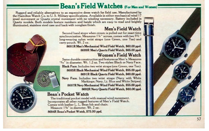 LL Bean's Fall 1983 catalog showing the blue anchor-dialed variety of the Hamilton 8709.