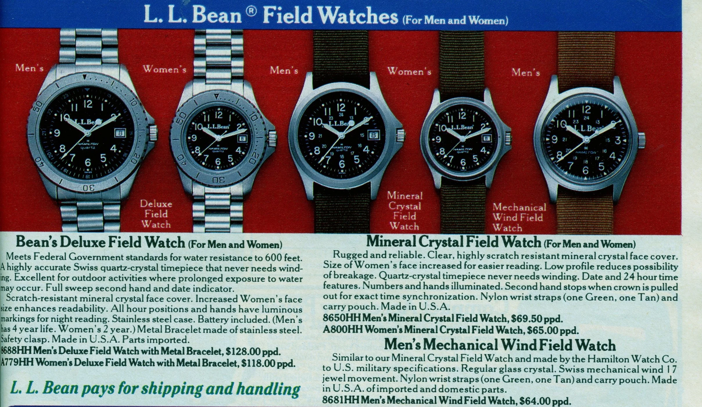 Late 1980’s LL Bean catalog showing the shoulder-cased quartz-powered Field Watch overlapping with the soon-to-be-discontinued 33 mm round-cased mechanical Field Watch.