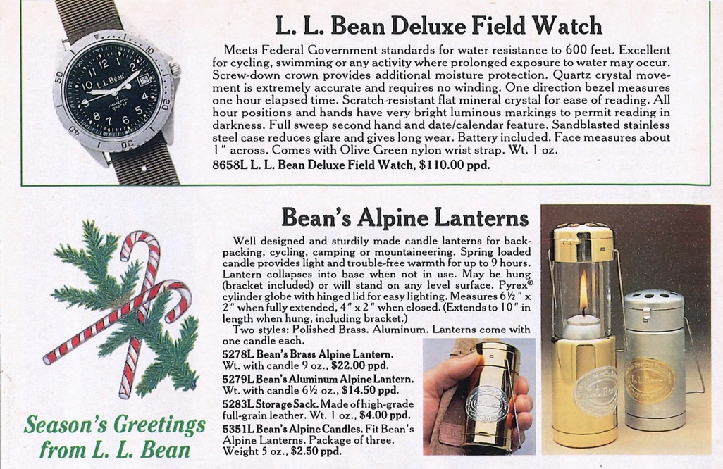 Early-1980’s LL Bean Holiday catalog offerings. Note the Goldfinger-style web strap fitment on the Deluxe Field Watch.