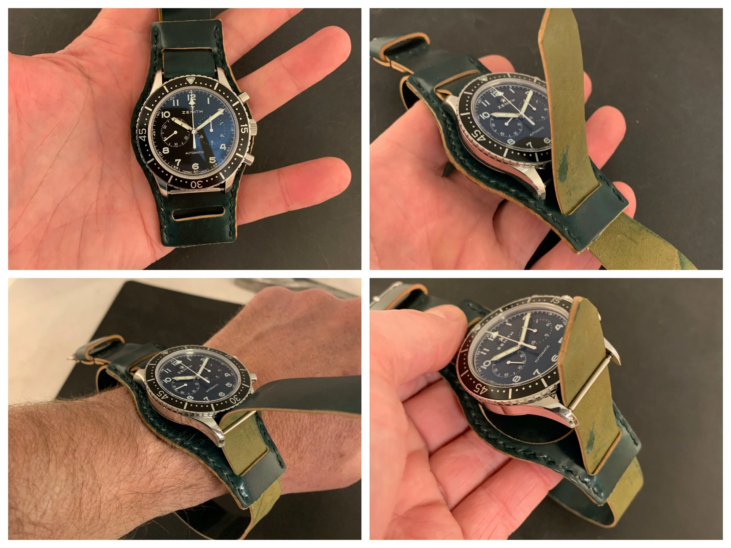 Step 2, clockwise from upper left.  Wrap tail end of strap around the back of the watch and insert it through the Bund pad’s 6 o'clock keeper, then around the watch’s 6 o’clock strap bar, coming under, up, and around it. Now fit the watch loosely to…