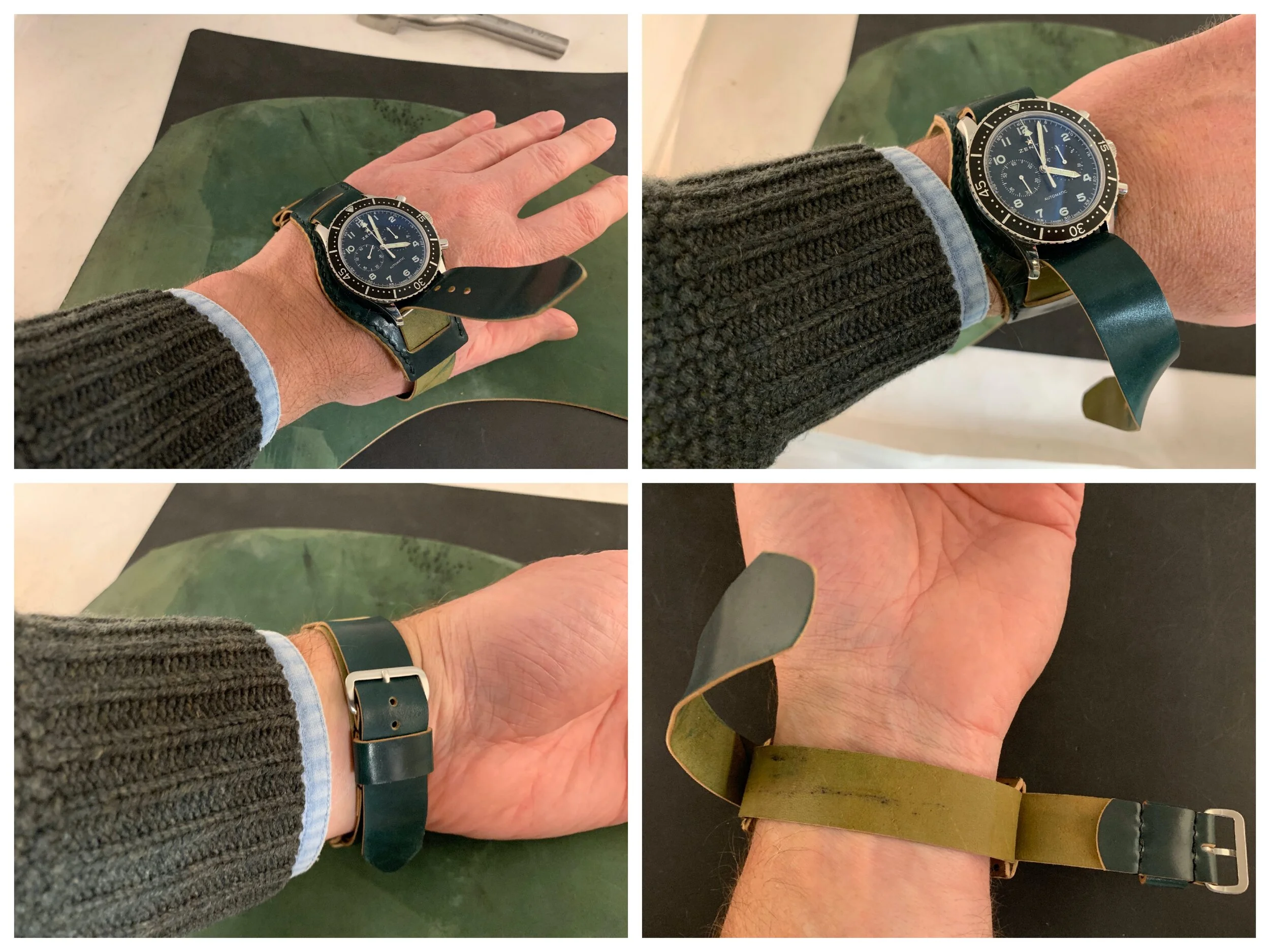 Step 3, clockwise from upper left.  With the strap loose enough to fit over your hand, cinch and adjust the strap as you move the watch back to your wrist. Insert the strap’s tail back through the Bund pad’s 6 o’clock keeper, on top of itself, and f…