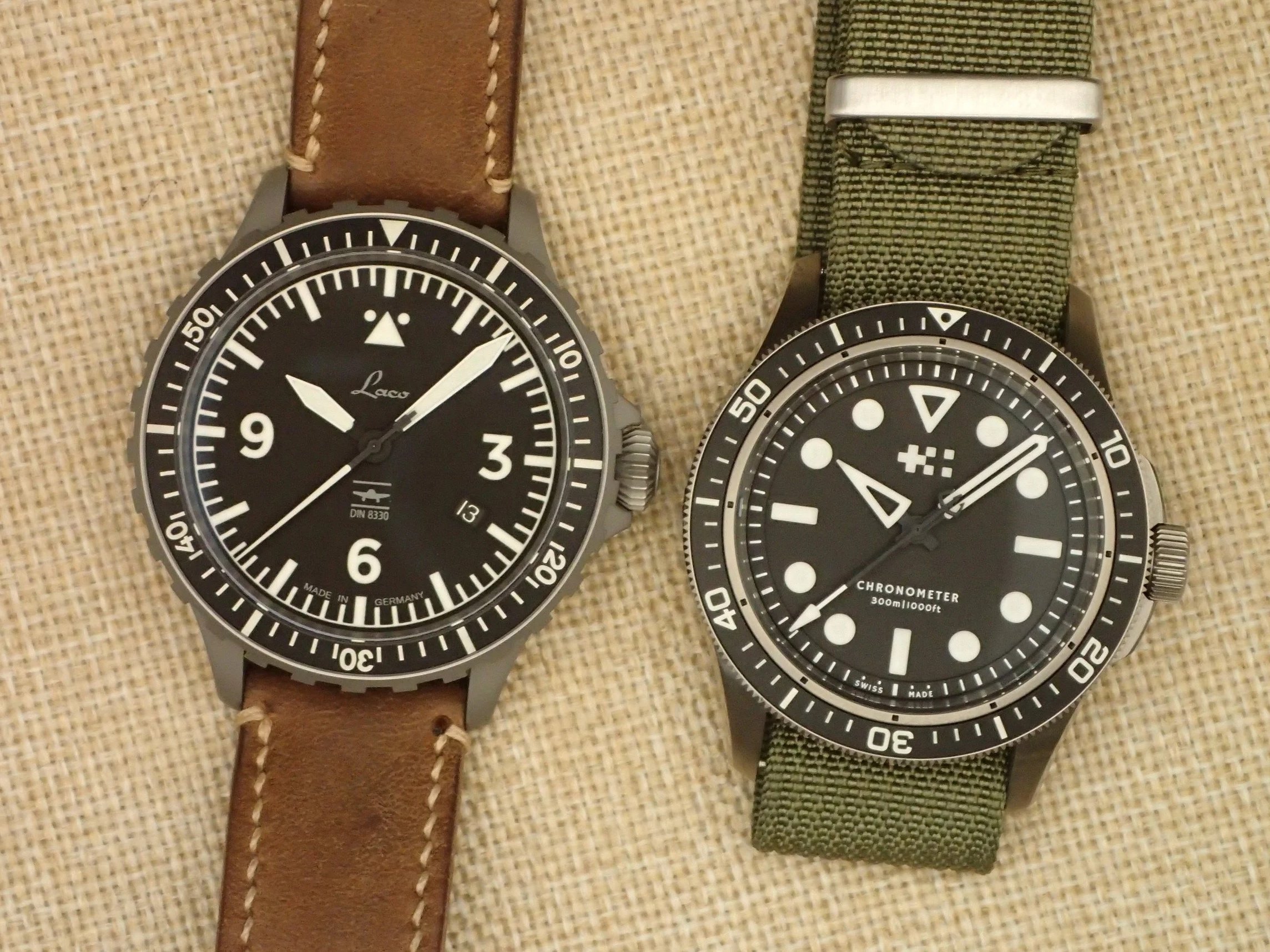Head-to-Head Ultimate Tool Watch Challenge, the Laco Hamburg DIN 8330 and the Christopher Ward Green Fifteen.