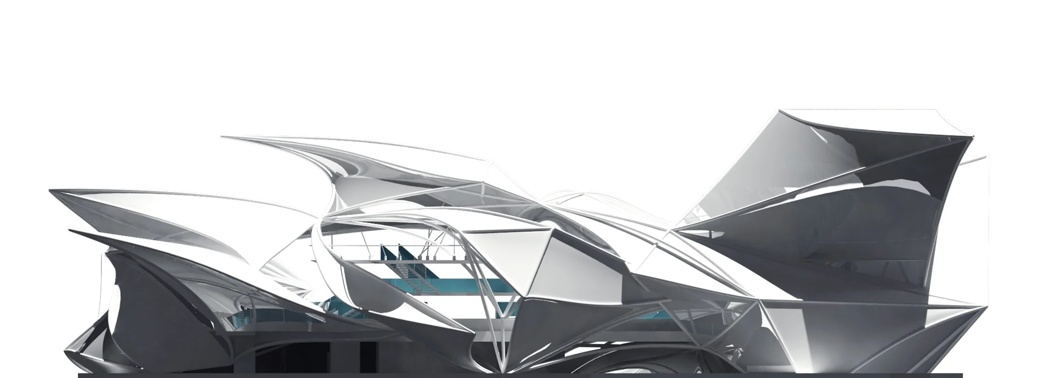 _elevation The shape and material choices of the building work in conjunction with the line of sight and breadth of view of its occupants. The circulation and exterior geometry therefore become a product of composing unobstructed views between occupant/object and occupant/occupant. 