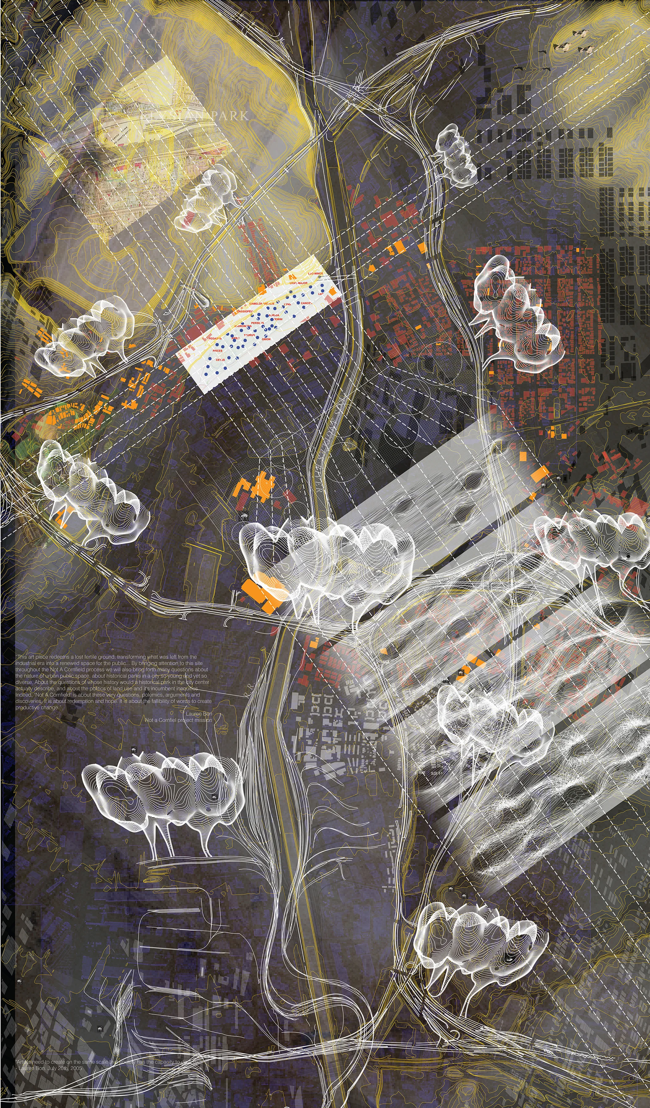 _concept drawing The drawing priveleges the importation of various contexts of the city (such as the LA river) while reflecting on the cultural and temporal characteristics of the site and situates the project within current politics of water conservation and land use as well as the role of historic parks today. The drawing attempts to embody the spirit of the inevitable transformation of a site that continually eludes definition.
