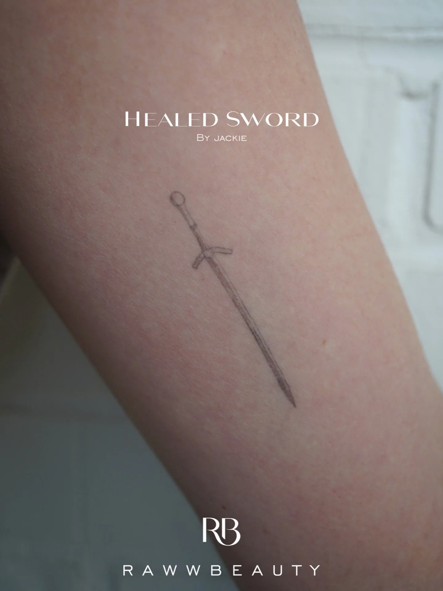 Healed fine line sword ⚔️

Fine line tattoos heal softer and more natural as the ink settles into the skin. This is personally one of my favorite tattoos I&rsquo;ve done yet 🖊️✨🪩