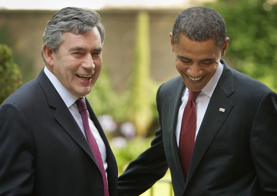 Senator Barack Obama (R) meets with Prime Minister Gordon Brown in the garden at Downing Street. London, England. July 2008.