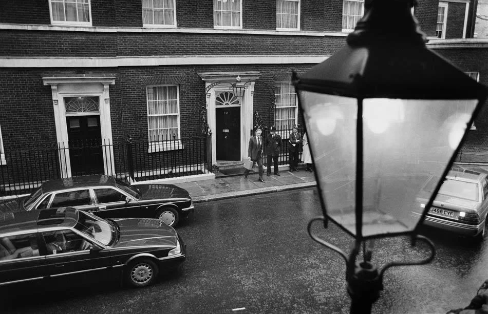 Conservative politician Michael Heseltine, President of the Board of Trade, leaves Number 10 Downing Street after attending a Cabinet meeting. London, England. April 1992.